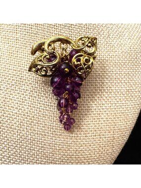 Vintage Avon Gold-Tone Grape Cluster Brooch With Purple Beads 2 Inches